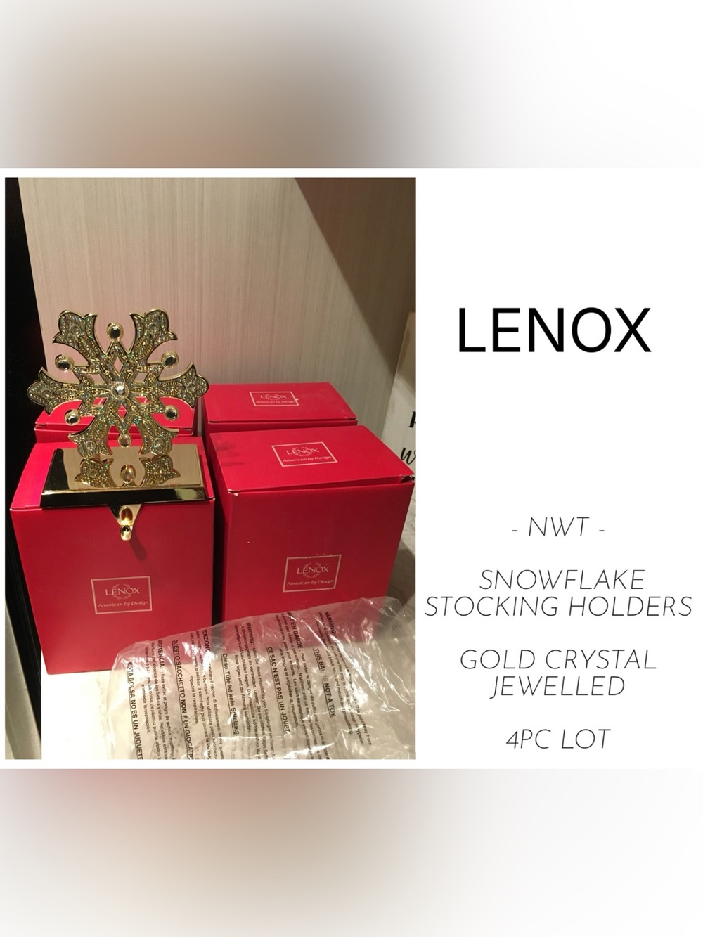 LENOX - NWT - 4PCS - GOLD CRYSTAL JEWELLED SNOWFLAKE CHRISTMAS STOCKING HOLDERS